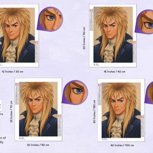 May include: Diamond painting art featuring a portrait of a man with long blonde hair, wearing a blue jacket and a ruffled white shirt. The image is available in various sizes, including 12 inches by 16 inches, 20 inches by 28 inches, and 40 inches by 60 inches.