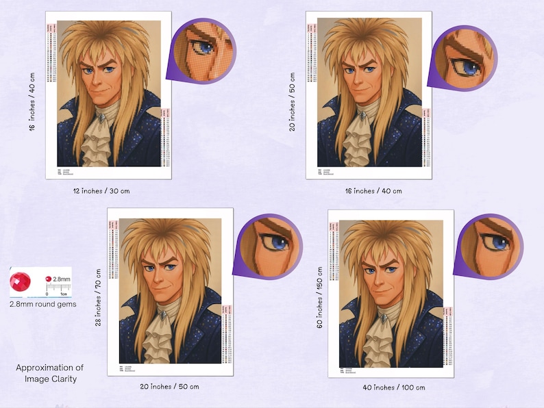 May include: Diamond painting art featuring a portrait of a man with long blonde hair, wearing a blue jacket and a ruffled white shirt. The image is available in various sizes, including 12 inches by 16 inches, 20 inches by 28 inches, and 40 inches by 60 inches.