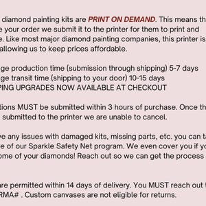 May include: Text on a pink background detailing diamond painting kit production, shipping, and return policies. Includes information on average production and transit times, and the Sparkle Safety Net program.