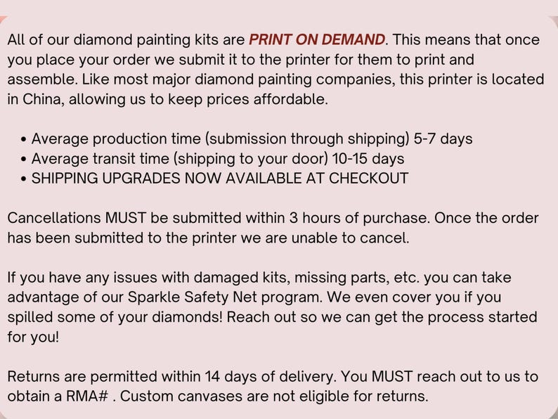 May include: Text on a pink background detailing diamond painting kit production, shipping, and return policies. Includes information on average production and transit times, and the Sparkle Safety Net program.