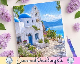 Santorini Chapel Diamond Painting, Pink Bougainvillea Florals, Mediterranean Coastal Travel Wall Art, Greek Orthodox Faith, DIY Craft Kit
