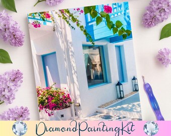 Santorini Street Diamond Painting, Pink Bougainvillea Florals, Mediterranean Coastal Travel Wall Art, DIY Craft Kit