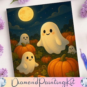 Cute Ghosts Diamond Painting Kit, Full Moon Pumpkin Patch, DIY Craft Kit, Spooky Gifts