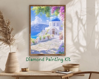 Santorini Chapel Diamond Painting Kit: Greek Island DIY Art