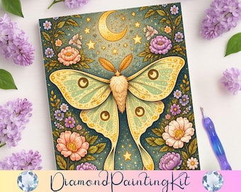 Luna Moth Diamond Painting, Pastel Floral Celestial Folk Art, Magical Decor, DIY Witchy Craft Kit