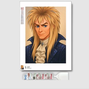 May include: Diamond painting kit featuring a portrait of a character with long blonde hair, blue eyes, and a dark blue jacket with sparkling accents. The character is wearing a white ruffled shirt. The kit includes a canvas, diamonds, and tools.