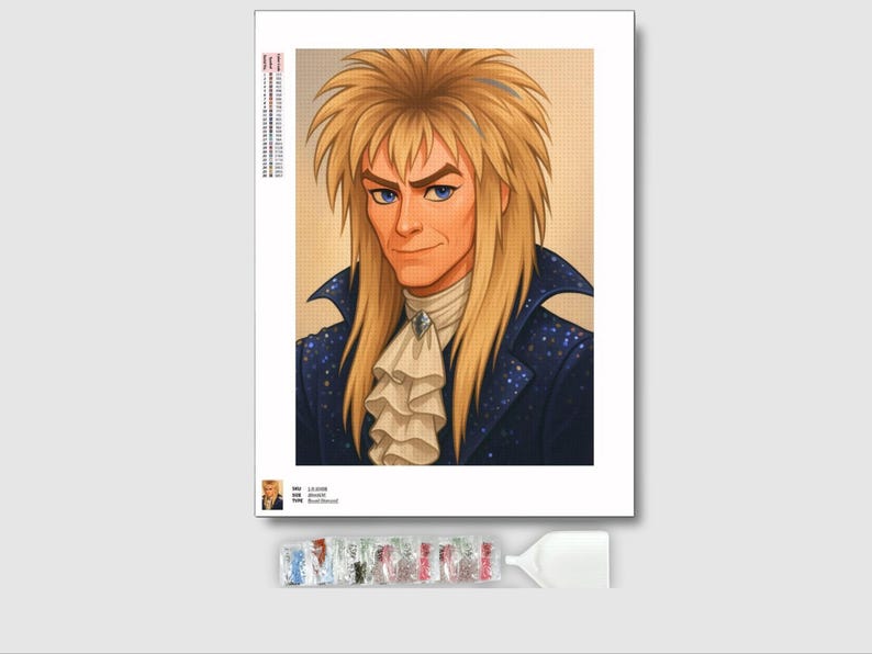 May include: Diamond painting kit featuring a portrait of a character with long blonde hair, blue eyes, and a dark blue jacket with sparkling accents. The character is wearing a white ruffled shirt. The kit includes a canvas, diamonds, and tools.