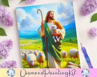Jesus Shepherd Diamond Painting Kit – Religious Christian Wall Art,  DIY Full Drill Round Beads Craft Kit for Spiritual Home Decor & Gifts