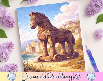 May include: Diamond painting kit featuring a detailed illustration of the Trojan Horse. The artwork depicts the wooden horse on a beach with a coastal city in the background. The kit includes a stylus and is surrounded by purple flowers.