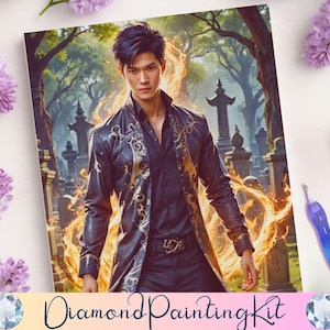 May include: Diamond Painting Kit featuring a digital art print of a man in a black coat with gold accents, standing in a graveyard with flames. The kit includes a purple stylus and a diamond-shaped gem.