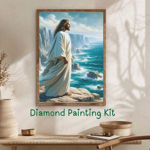 Jesus Seaside Diamond Painting Kit – Religious Christian Wall Art,  DIY Full Drill Round Beads Craft Kit for Spiritual Home Decor & Gifts