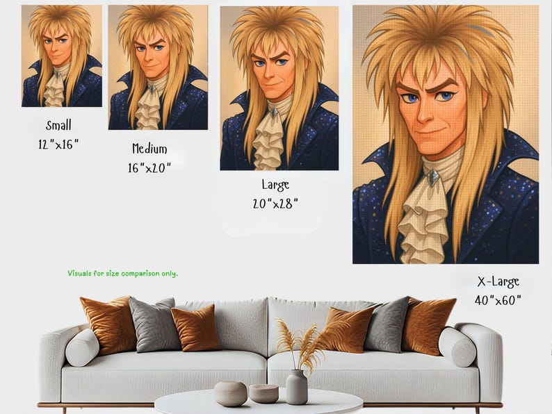 May include: Portrait art print featuring a man with long blonde hair, blue eyes, and a ruffled white shirt. The image is available in multiple sizes, including 12" x 16", 16" x 20", 20" x 28", and 40" x 60".