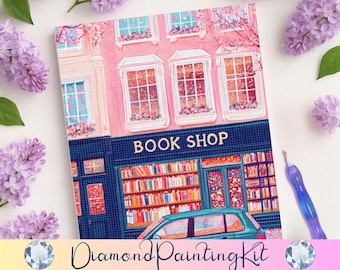 Charming Bookstore Diamond Painting Kit, DIY Painting Art Wall Decor, Cozy Cherry Blossom Street Scene, Bookish Gift For Crafters