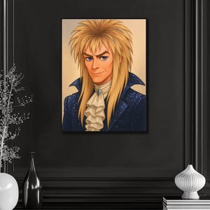 May include: Portrait art print of a man with long, blonde hair and blue eyes. He wears a dark blue jacket with a white ruffled shirt and a decorative pin. The artwork is displayed on a wall.
