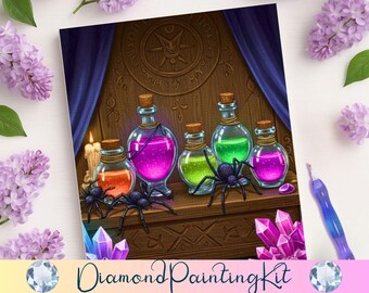 Spider Potions Cabinet Diamond Painting,  Witches Apothecary, Crystals, Occult Decor DIY Craft Kit