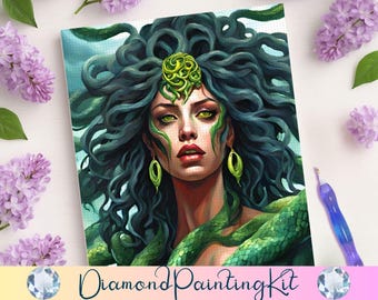 May include: A diamond painting kit featuring a portrait of Medusa with green eyes, snake-like hair, and green accents. The image has a watercolor style. The kit includes a stylus and a diamond. The words "Diamond Painting Kit" are at the bottom.