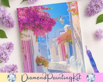 Santorini Street Diamond Painting, Pink Bougainvillea Florals, Mediterranean Coastal Travel Wall Art, DIY Craft Kit
