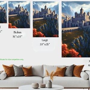 May include: A digital art print of a castle on a cliffside, with sizes ranging from 12"x16" to 40"x60". The artwork depicts a gray castle with arched bridges, set against a mountain backdrop and autumn foliage. The text "Small", "Medium", "Large", and "X-Large" are visible.