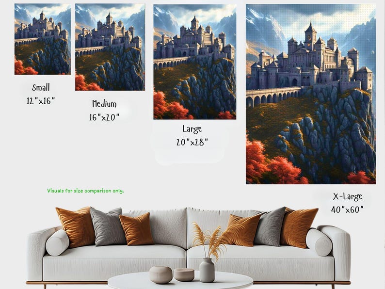May include: A digital art print of a castle on a cliffside, with sizes ranging from 12"x16" to 40"x60". The artwork depicts a gray castle with arched bridges, set against a mountain backdrop and autumn foliage. The text "Small", "Medium", "Large", and "X-Large" are visible.