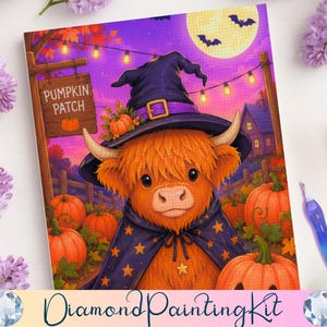 May include: A diamond painting kit featuring a fluffy orange highland cow wearing a purple witch hat and a star-patterned cape. The scene includes a wooden sign labeled PUMPKIN PATCH, orange pumpkins, a full moon, bats, and string lights.