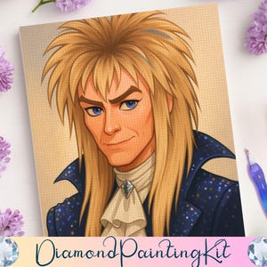 May include: Diamond Painting Kit featuring a portrait of a man with long blonde hair and blue eyes, wearing a dark blue jacket with a white ruffled shirt. The kit includes a diamond painting pen and is surrounded by purple flowers.