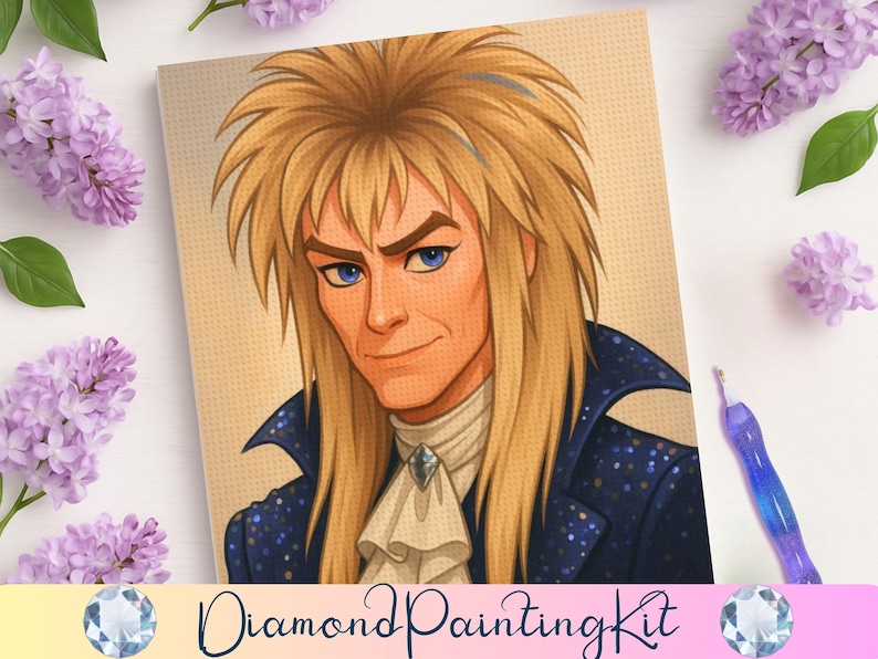 May include: Diamond Painting Kit featuring a portrait of a man with long blonde hair and blue eyes, wearing a dark blue jacket with a white ruffled shirt. The kit includes a diamond painting pen and is surrounded by purple flowers.