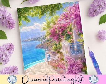 Santorini Balcony Diamond Painting, Pink Bougainvillea Florals, Mediterranean Coastal Travel Wall Art, DIY Craft Kit