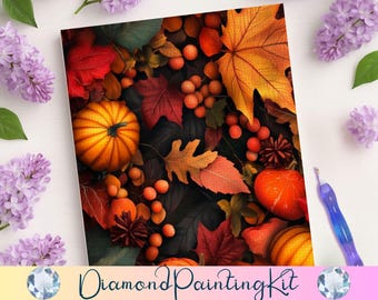 Autumn Harvest Diamond Painting Kit – Cozy Fall Leaves & Pumpkins, Botanical Decor, Gift For Crafters