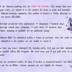 May include: A lavender-colored information sheet with text about diamond painting kits. The text includes details on production and shipping times, cancellations, and returns. A purple fox illustration is on the right side.