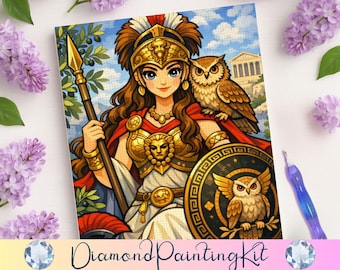 May include: A diamond painting kit featuring a cartoon illustration of Athena, the Greek goddess of wisdom and warfare, holding a spear and shield. An owl sits on her shoulder. The image has a blue sky background and the text "Diamond Painting Kit".