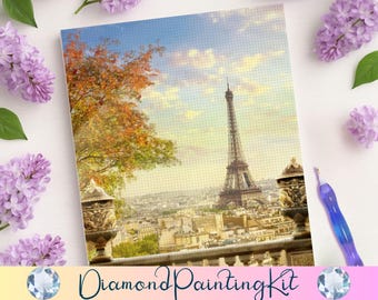 Eiffel Tower Diamond Painting Kit: Paris Balcony View, Autumn Cityscape