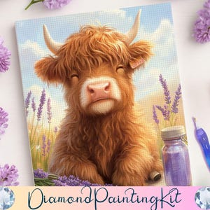 Kit de pintura de diamantes de vaca de las Tierras Altas: Manualidad DIY de campo de lavanda, decoración escocesa