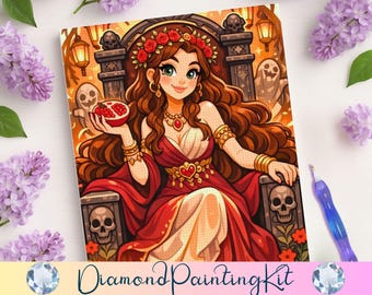 May include: Diamond painting kit featuring a cartoon illustration of a woman in a red dress holding a pomegranate. The artwork includes skulls, flowers, and a throne. The kit includes a stylus and is surrounded by purple flowers.