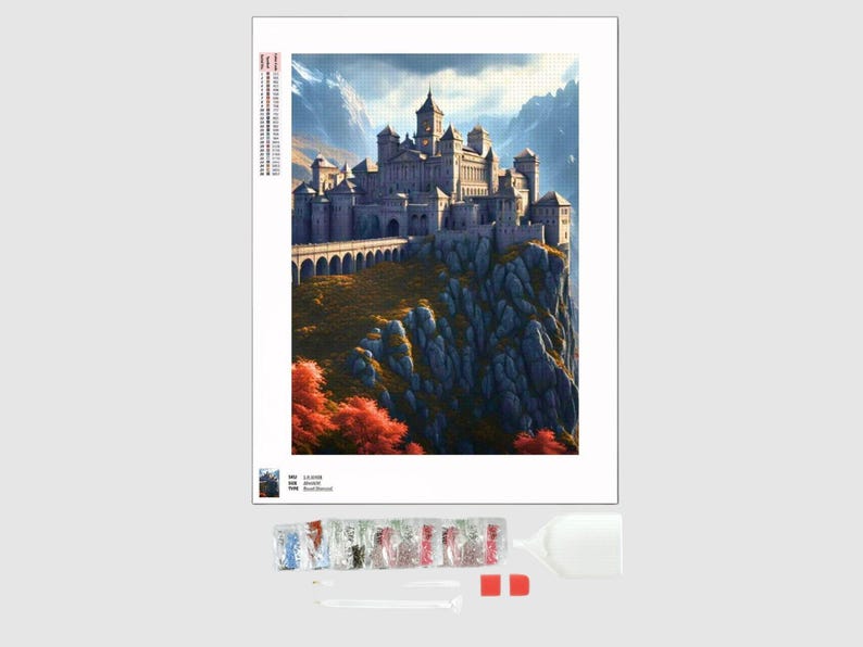 May include: A diamond painting kit featuring a detailed illustration of a castle perched on a cliffside. The artwork showcases a majestic castle with multiple towers, a bridge, and vibrant autumn foliage. The kit includes diamond beads, tools, and a canvas.