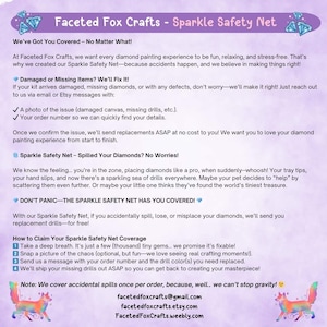 May include: A pink and purple graphic with a fox illustration and text that reads "Faceted Fox Crafts - Sparkle Safety Net". The text explains that the company offers replacement diamonds for free if you spill, lose, or misplace your diamonds while diamond painting.