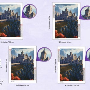May include: Diamond painting kits featuring a detailed castle scene. The image shows various sizes, including 12 inches by 30 cm, 16 inches by 40 cm, 20 inches by 50 cm, and 40 inches by 100 cm. The kits use 2.8mm round gems.