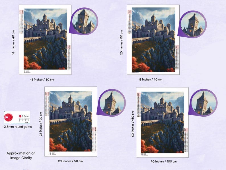 May include: Diamond painting kits featuring a detailed castle scene. The image shows various sizes, including 12 inches by 30 cm, 16 inches by 40 cm, 20 inches by 50 cm, and 40 inches by 100 cm. The kits use 2.8mm round gems.