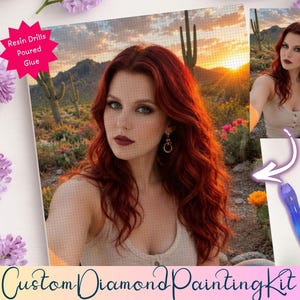 Könnte beinhalten: Ein individuelles Diamond Painting Set mit dem Porträt einer Person mit langem rotem Haar in einer Wüstenlandschaft bei Sonnenuntergang. Das Set enthält Harzsteine, gegossenen Kleber und ein blaues Stiftwerkzeug mit Farbverlauf.