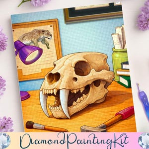 Puede incluir: Un kit de pintura de diamantes con una ilustración detallada de un cráneo de tigre dientes de sable. La obra de arte incluye una imagen enmarcada, una lámpara de escritorio morada y varias herramientas. Las palabras "Diamond Painting Kit" están en la parte inferior.