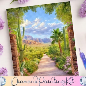 Southwest Landscape Diamond Painting Kit – Lush Desert Pathway with Cactus - Relaxing Decor Project - Gift for Crafters