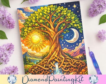 Tree of Life Diamond Painting, Celtic Celestial Folk Art, Magical Decor, DIY Witchy Craft Kit