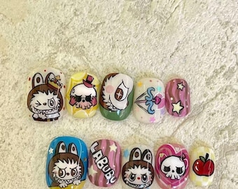 Labubu press on nails set, cute cartoon anime false nails, kawaii character nail art, colorful reusable nails, handmade gift for girls