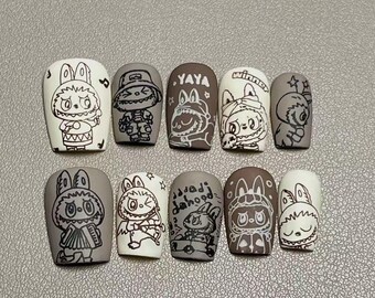 bestseller Labubu press on nails,3d cute press on nails, kawaii cartoon nail art, brown white cute nail tips, cute nail set for women girls