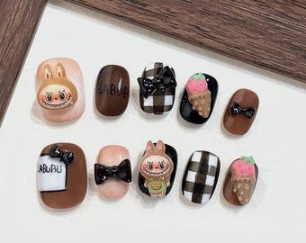 Cute Labubu Press On Nails Set,bestseller,Brown Plaid Ice Cream 3D Cartoon Nails,Kawaii Bunny Nail, Sweet Handmade Fake Nails,Gift for Girls