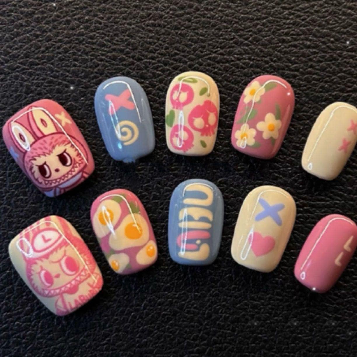 Labubu inspired press on nails, kawaii press on, pastel anime fake nails, floral cherry cartoon nails, cute nail set,gift labubu accessoires
