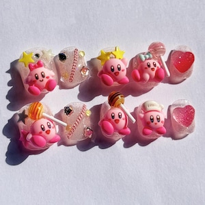 Kawaii Kirby Fake Nails, 3D Nail Art Stern Herz Candy Pink, Gamer Geschenk, Cartoon Nagel Set, Girly Handmade Accessoire