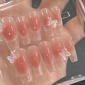Butterfly Press On Nails, Pink Gradient False Nails, Shimmer Glossy Coffin Nails, Handmade Nail,Bridal, Party, Gift, Reusable press on nails