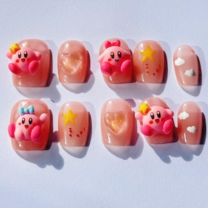 Uñas postizas Kirby, las uñas 3D más vendidas, uñas postizas kawaii hechas a mano, uñas brillantes de dibujos animados, manicura de videojuegos, idea de regalo original