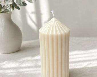 Ribbed Pillar Candle, Fluted Soy Wax Candle, Minimalist Home Decor, Handmade Wedding Gift, Modern Decorative Candle