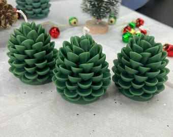 Ensemble de bougies vertes pomme de pin, décoration d'arbre de Noël, centre de table des Fêtes, cire de soja peinte à la main, bougies de forêt d'hiver, cadeau pour Noël